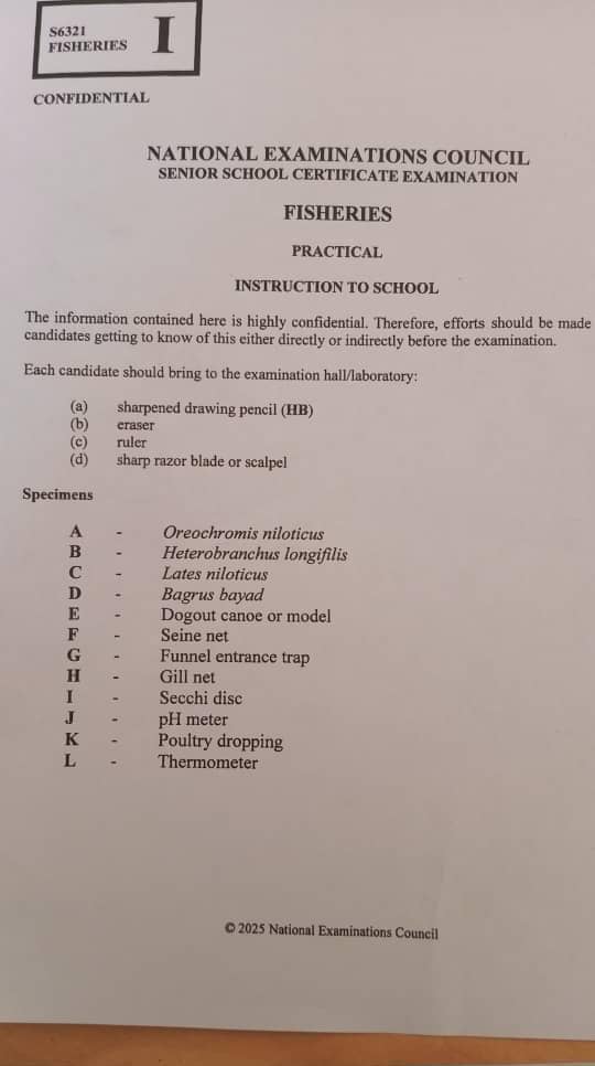 NECO Fisheries Practical Specimens 2025